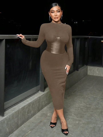 Women'S Color Block Long Sleeves Bodycon Dress With Side Split