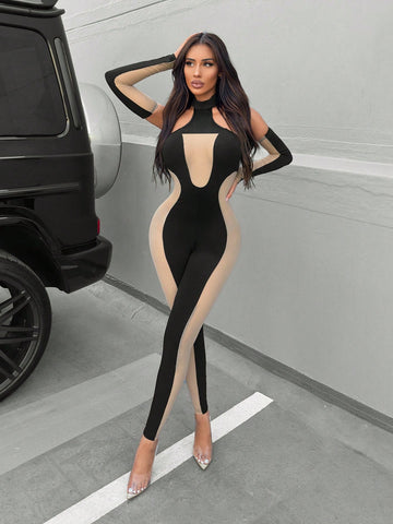 Women'S Color Block Mesh Sheer Long Sleeve Halterneck Bodysuit