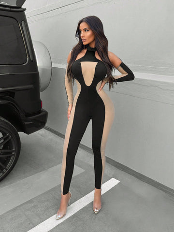 Women'S Color Block Mesh Sheer Long Sleeve Halterneck Bodysuit