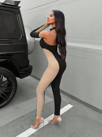 Women'S Color Block Mesh Sheer Long Sleeve Halterneck Bodysuit