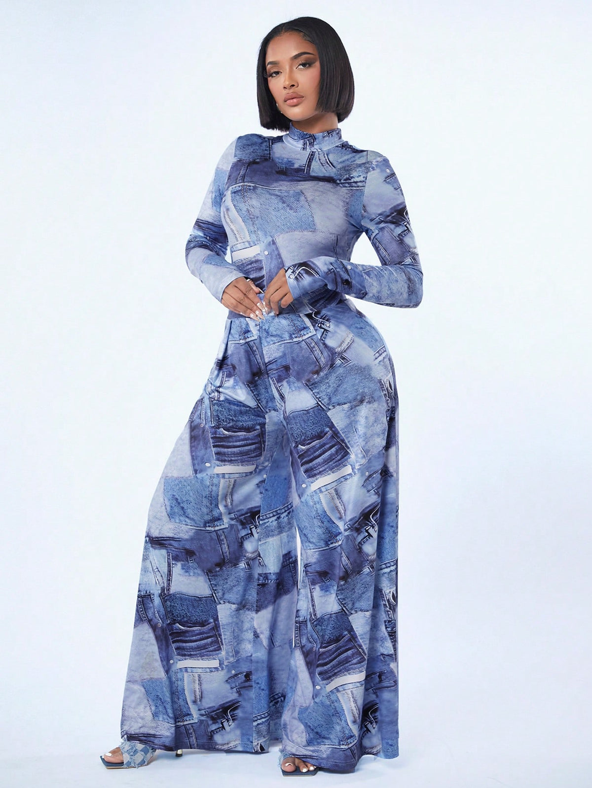 Women'S Denim Printed Jumpsuit And Wide Leg Pants Set