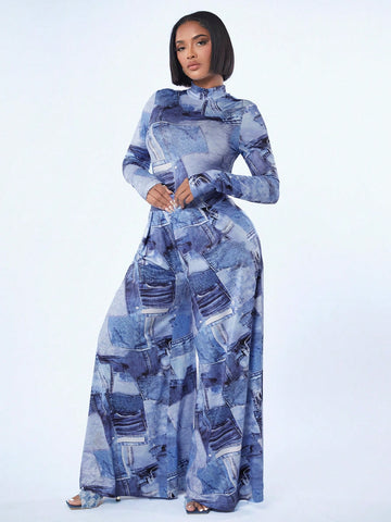 Women'S Denim Printed Jumpsuit And Wide Leg Pants Set