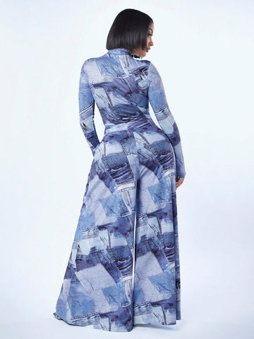 Women'S Denim Printed Jumpsuit And Wide Leg Pants Set