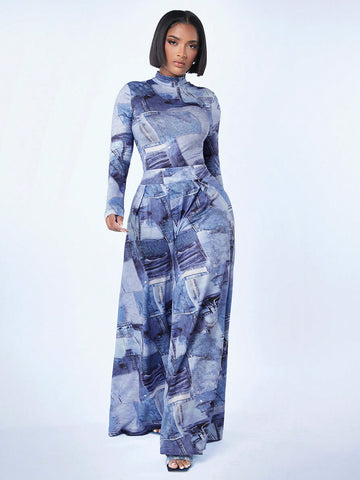 Women'S Denim Printed Jumpsuit And Wide Leg Pants Set