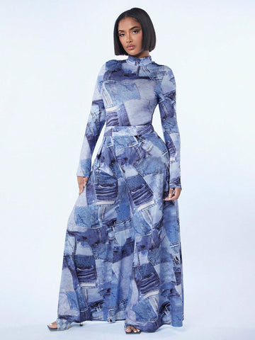 Women'S Denim Printed Jumpsuit And Wide Leg Pants Set