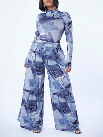 Women'S Denim Printed Jumpsuit And Wide Leg Pants Set