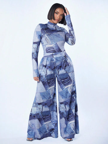 Women'S Denim Printed Jumpsuit And Wide Leg Pants Set