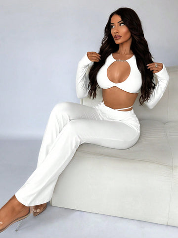 Women'S Hollow Out Cropped Top And Flared Pants Two Piece Set