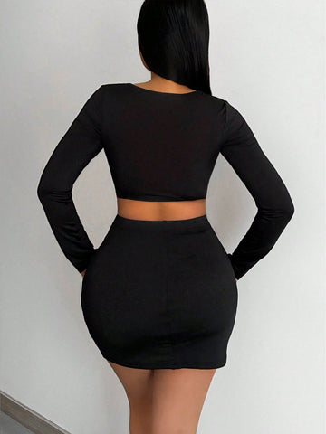 Women'S Hollow Out Cropped Top And Skirt Set