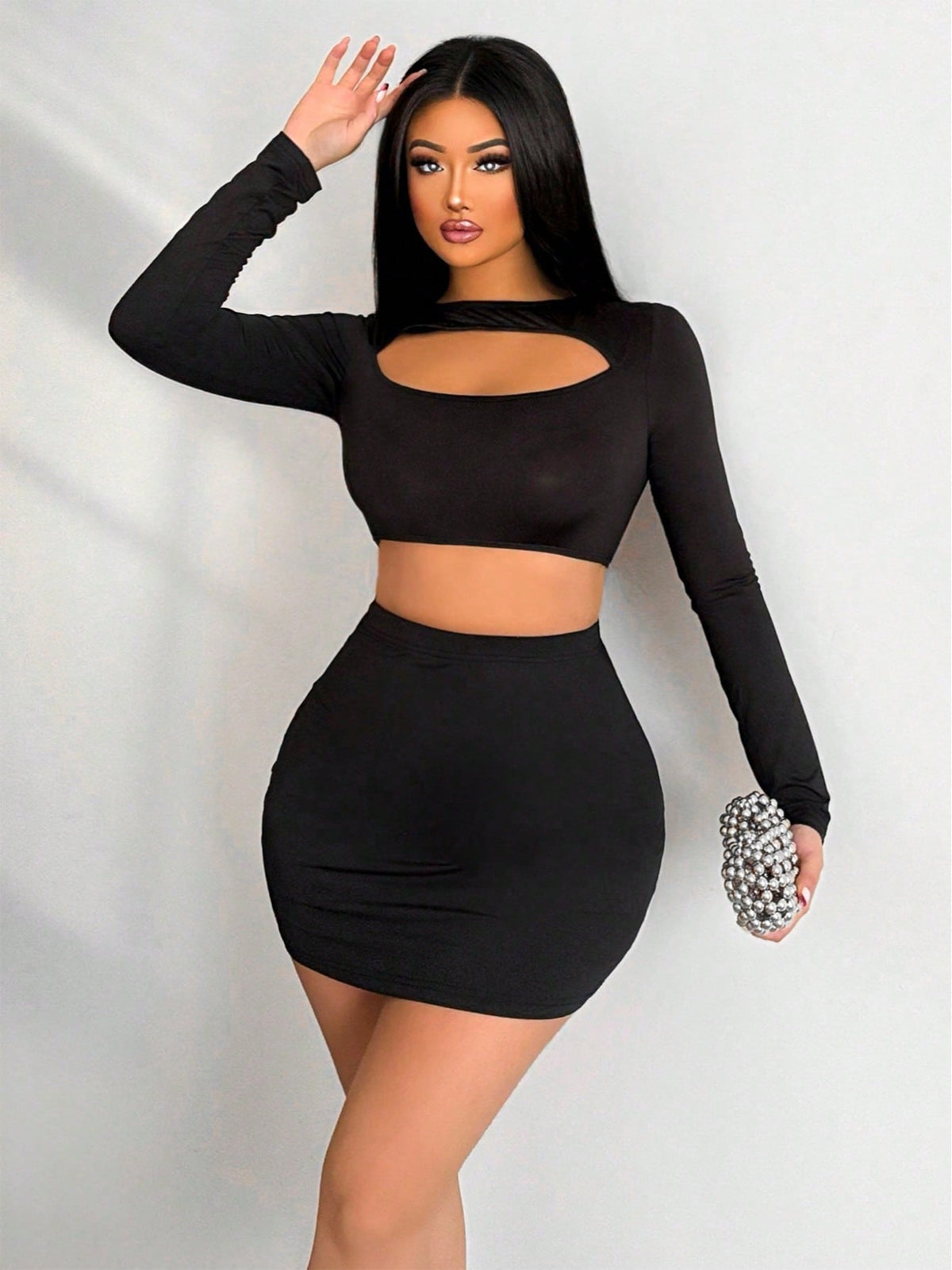 Women'S Hollow Out Cropped Top And Skirt Set