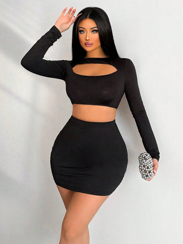 Women'S Hollow Out Cropped Top And Skirt Set