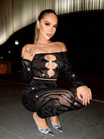 Women'S Hollow Out Off Shoulder Long Sleeve Mesh Top And Pants Set