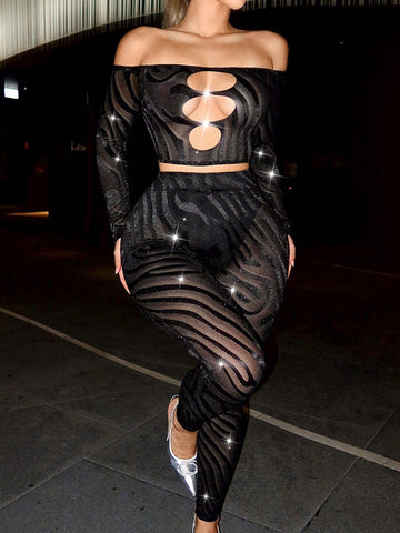 Women'S Hollow Out Off Shoulder Long Sleeve Mesh Top And Pants Set