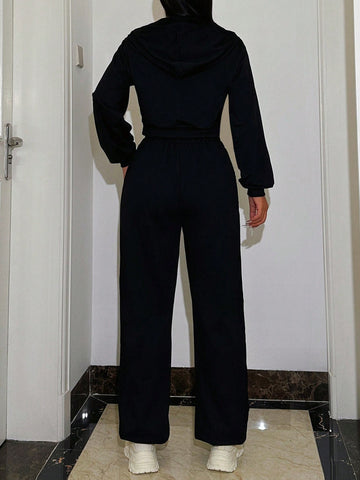 Women'S Hooded Zipper Front Letter Printed Sweatshirt And Pants Set