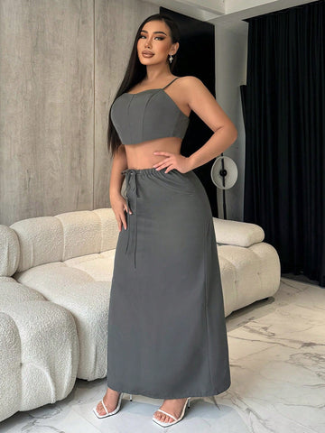 Women'S Irregular Hem Cami Top And Drawstring Waist Half Skirt Two Piece Outfit