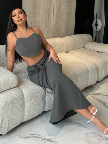 Women'S Irregular Hem Cami Top And Drawstring Waist Half Skirt Two Piece Outfit