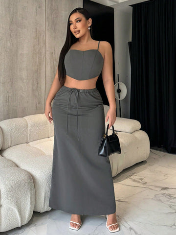 Women'S Irregular Hem Cami Top And Drawstring Waist Half Skirt Two Piece Outfit