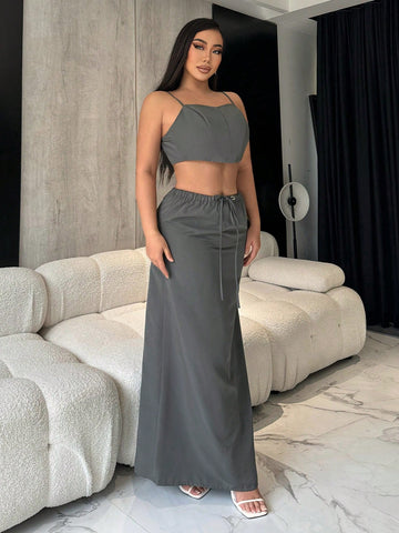Women'S Irregular Hem Cami Top And Drawstring Waist Half Skirt Two Piece Outfit
