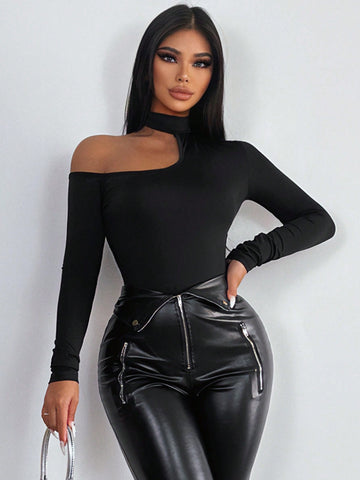 Women'S Irregular Neckline Slim Fit Bodysuit