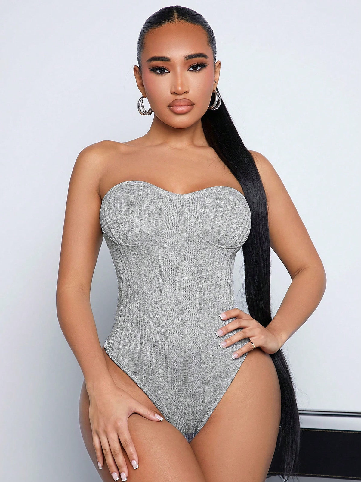 Women'S Knitted Ribbed Bust Cup Structure Tube Bodysuit