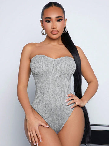 Women'S Knitted Ribbed Bust Cup Structure Tube Bodysuit