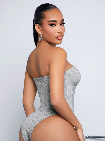 Women'S Knitted Ribbed Bust Cup Structure Tube Bodysuit