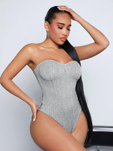 Women'S Knitted Ribbed Bust Cup Structure Tube Bodysuit