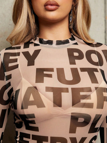 Women'S Letter Printed Stand Collar Mesh Long Sleeve Bodysuit