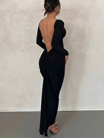 Women'S Long Sleeve Slim Fit Backless Dress