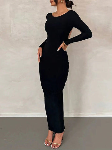Women'S Long Sleeve Slim Fit Backless Dress