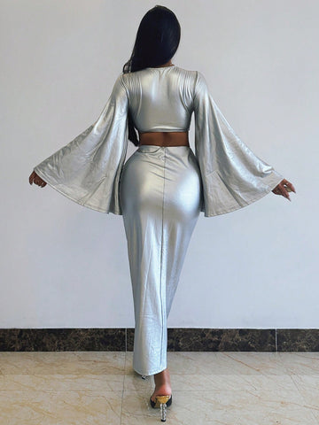 Women'S Metallic Twist Knot Bell Sleeve Cropped Top And Skirt Set