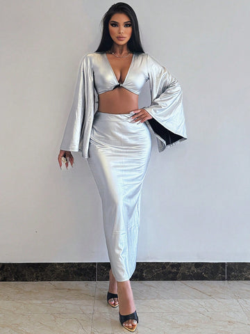 Women'S Metallic Twist Knot Bell Sleeve Cropped Top And Skirt Set