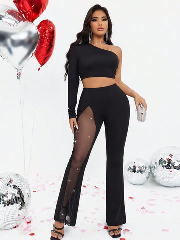 Women'S One-Shoulder Long Sleeve Top And Mesh Splicing Flare Pants Two-Piece Set