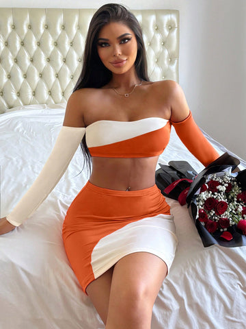Women'S One Shoulder Color Block Long Sleeve Top And Skirt Set