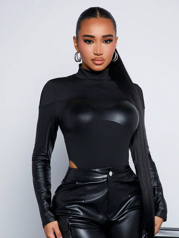 Women'S PU Splicing Street Style Cool Bodysuit