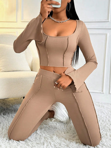 Women'S Ribbed Long Sleeve T-Shirt And Pants Set