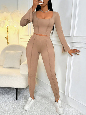 Women'S Ribbed Long Sleeve T-Shirt And Pants Set