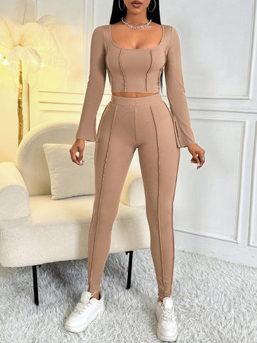 Women'S Ribbed Long Sleeve T-Shirt And Pants Set