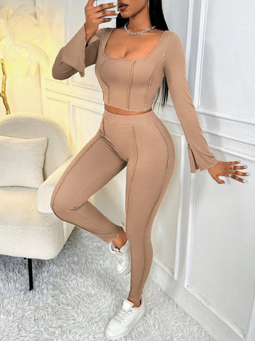 Women'S Ribbed Long Sleeve T-Shirt And Pants Set