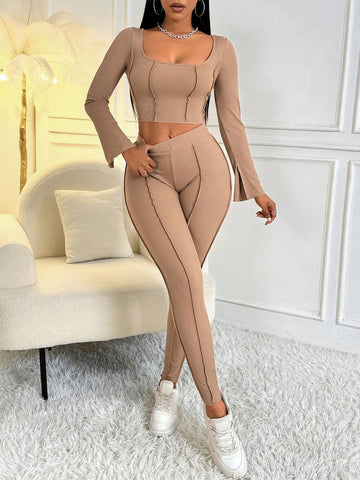 Women'S Ribbed Long Sleeve T-Shirt And Pants Set