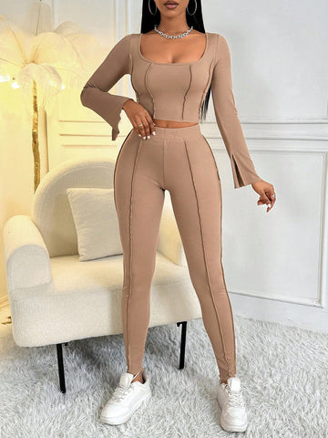 Women'S Ribbed Long Sleeve T-Shirt And Pants Set