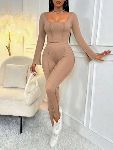 Women'S Ribbed Long Sleeve T-Shirt And Pants Set