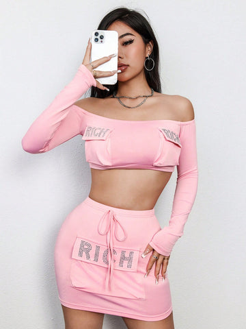 Women'S Sequined Letter One Shoulder Top And Skirt Set