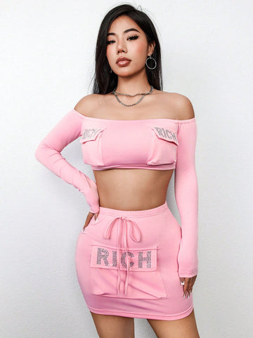 Women'S Sequined Letter One Shoulder Top And Skirt Set