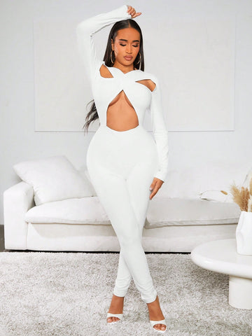 Women'S Sexy Cross-Cut Out Long Sleeve White Bodysuit