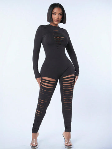 Women'S Sexy Cutout Long Sleeve Black Bodysuit Jumpsuit