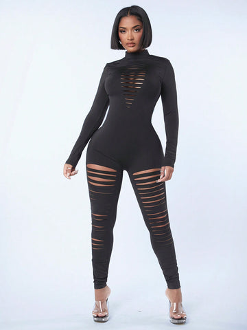 Women'S Sexy Cutout Long Sleeve Black Bodysuit Jumpsuit