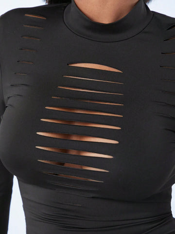 Women'S Sexy Cutout Long Sleeve Black Bodysuit Jumpsuit