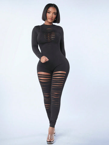 Women'S Sexy Cutout Long Sleeve Black Bodysuit Jumpsuit