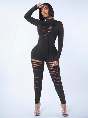 Women'S Sexy Cutout Long Sleeve Black Bodysuit Jumpsuit